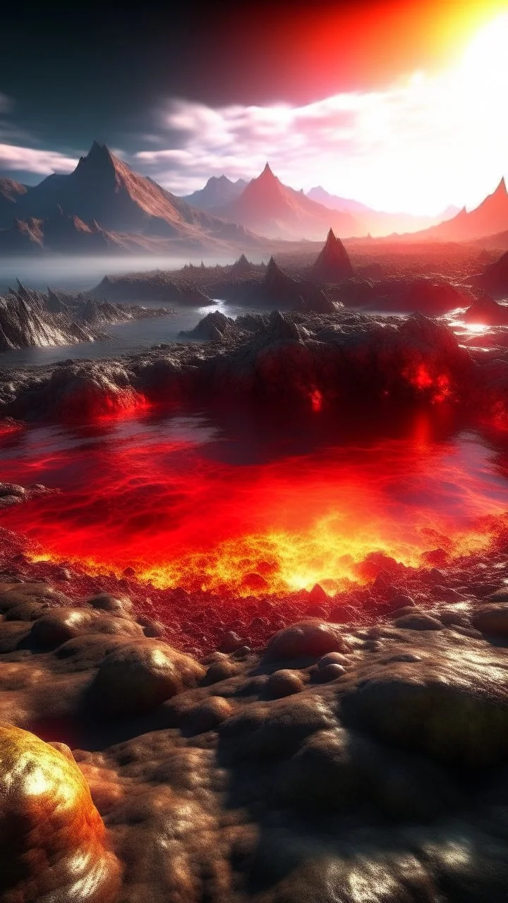 Lava lake in hell with land surrounding it, realistic close up