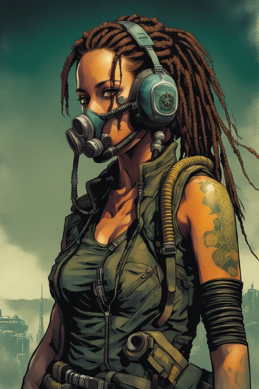 front facing full length portrait illustration of a grunge armored female with beaded dreadlock hair cyberpunk vampire mercenary with gas mask, telecommunications headset, and shemagh, highly detailed with gritty post apocalyptic textures, toxic irradiated landscape, finely detailed facial features and hair, in the graphic novel style of Bill Sienkiewicz,