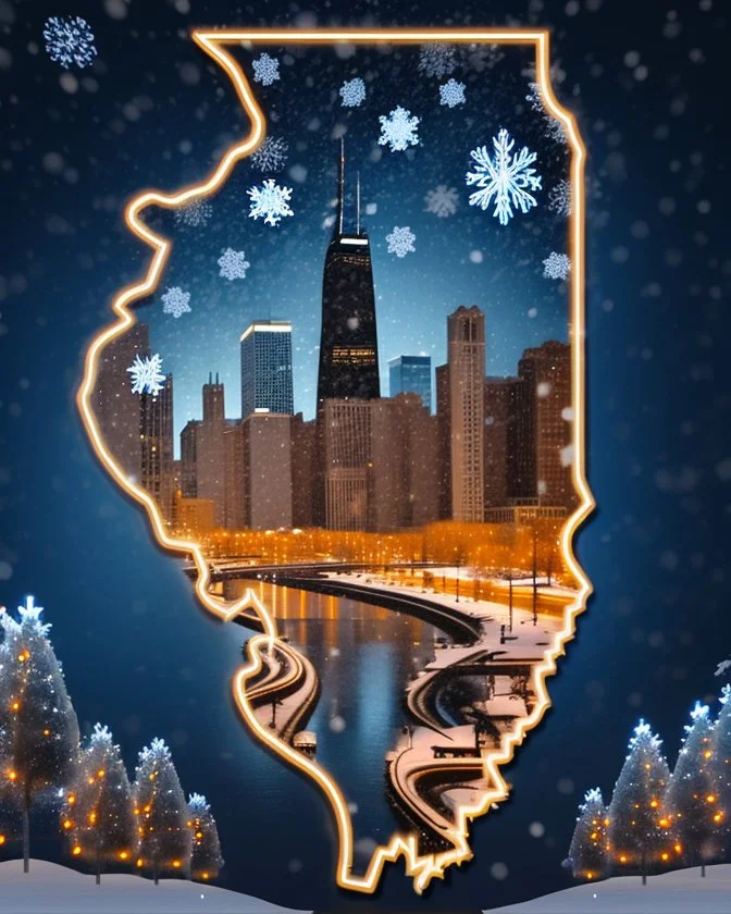 A outline of the State of Illinois against a dark snowy background with snowflakes falling down.. In the center of the state is a image representing the skyline of Chicago at Christmas with its beautiful buildings and architecture. The rest of the area inside the outline is softly glowing xmas trees.