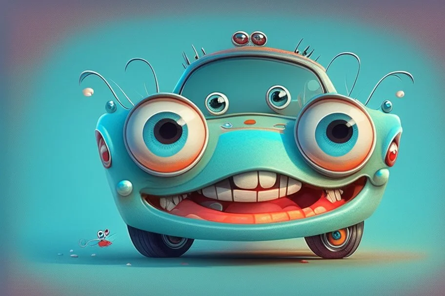 whimsical cartoon car with big eyes and a friendly smile