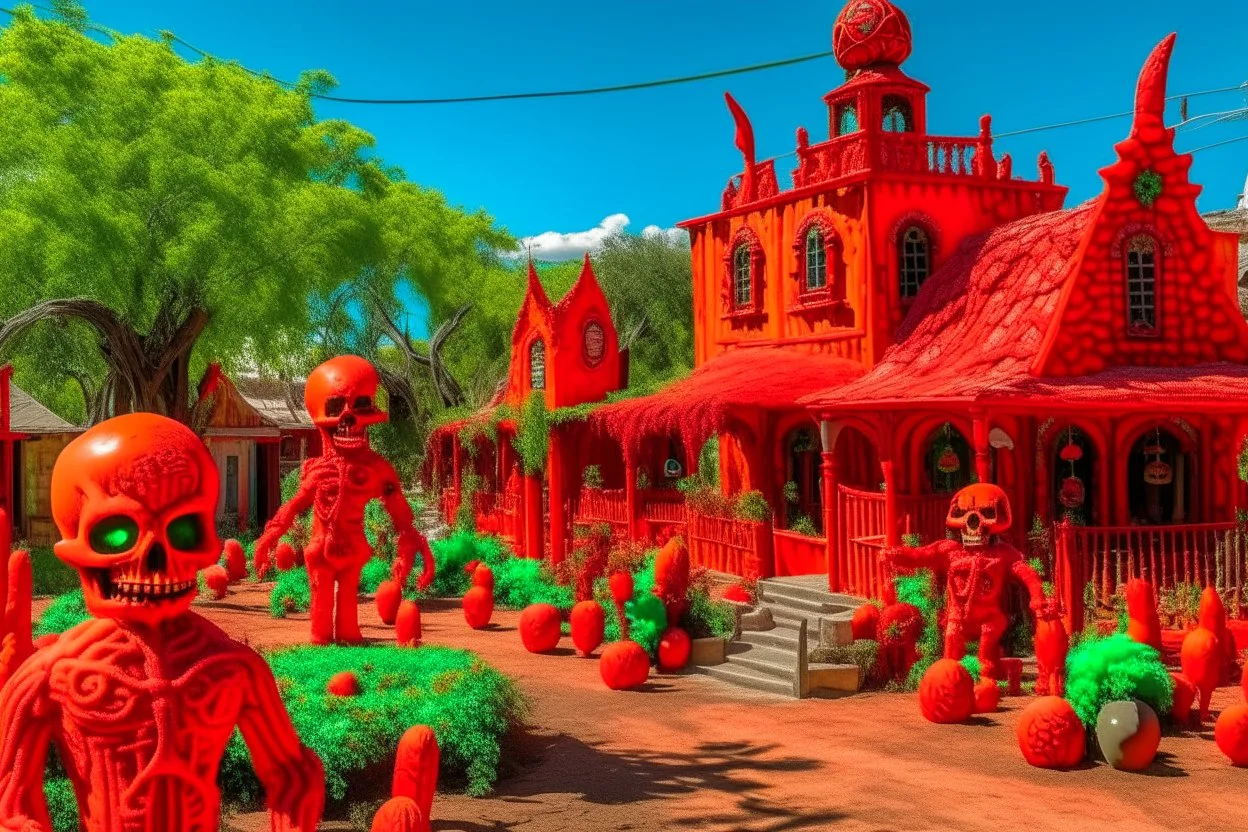 A red Day of the Dead themed town with fiery ghost peppers designed in Hawaiian tiki statues painted by Jindřich Štyrský