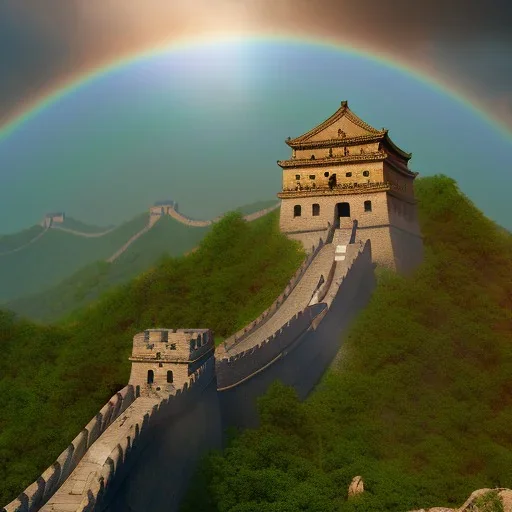 The Great Wall of China, sunset rainbow, waterfall