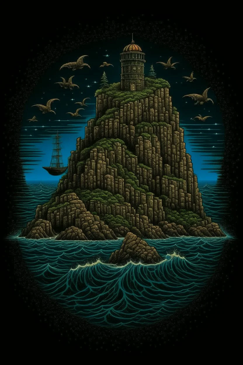 Ocean Cliff with nautical observatory T-Shirt Design, Black Background, by Andrew Ferez