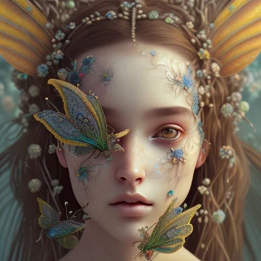 karlan, plant metal, feathers, Dryad, butterflies, nature, plants, flower background, face paint, intricate, oil on canvas, masterpiece, expert, insanely detailed, 4k resolution, cute big circular reflective eyes, cinematic smooth, intricate detail, soft smooth lighting, rembrandt style