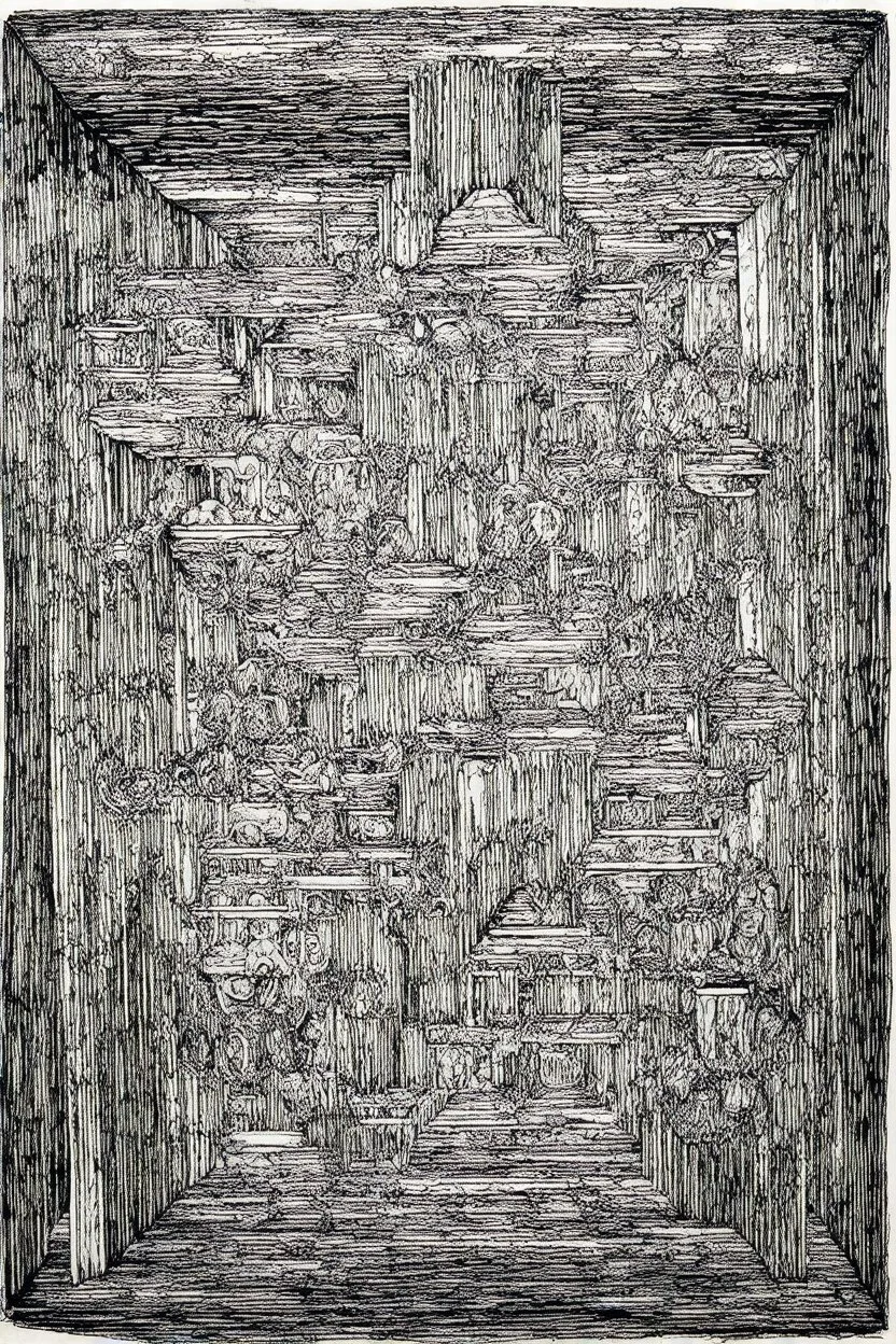 the bandwidth of consciousness; a background of ink wash optical art inspired by Escher overlaid with playful surreal elements inspired by Klee