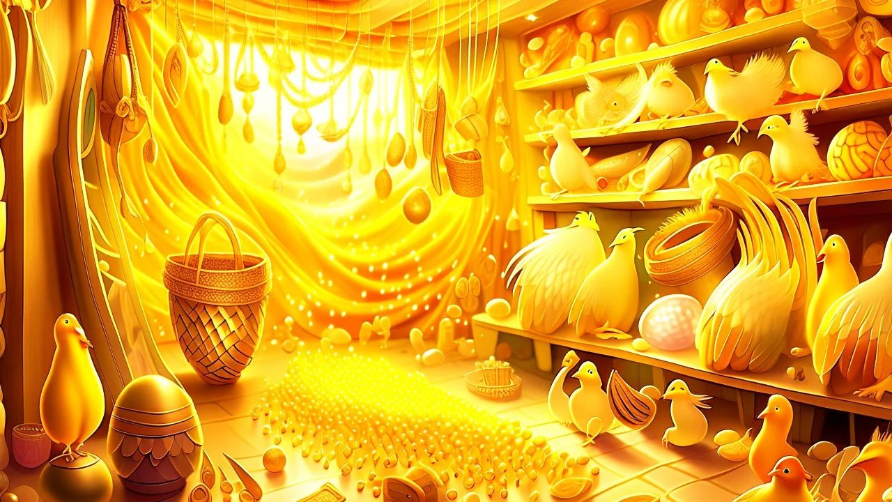 Fantasy digital illustration: = room full of treasures, including bags of gold, a magical hen that laid golden eggs, and a singing harp