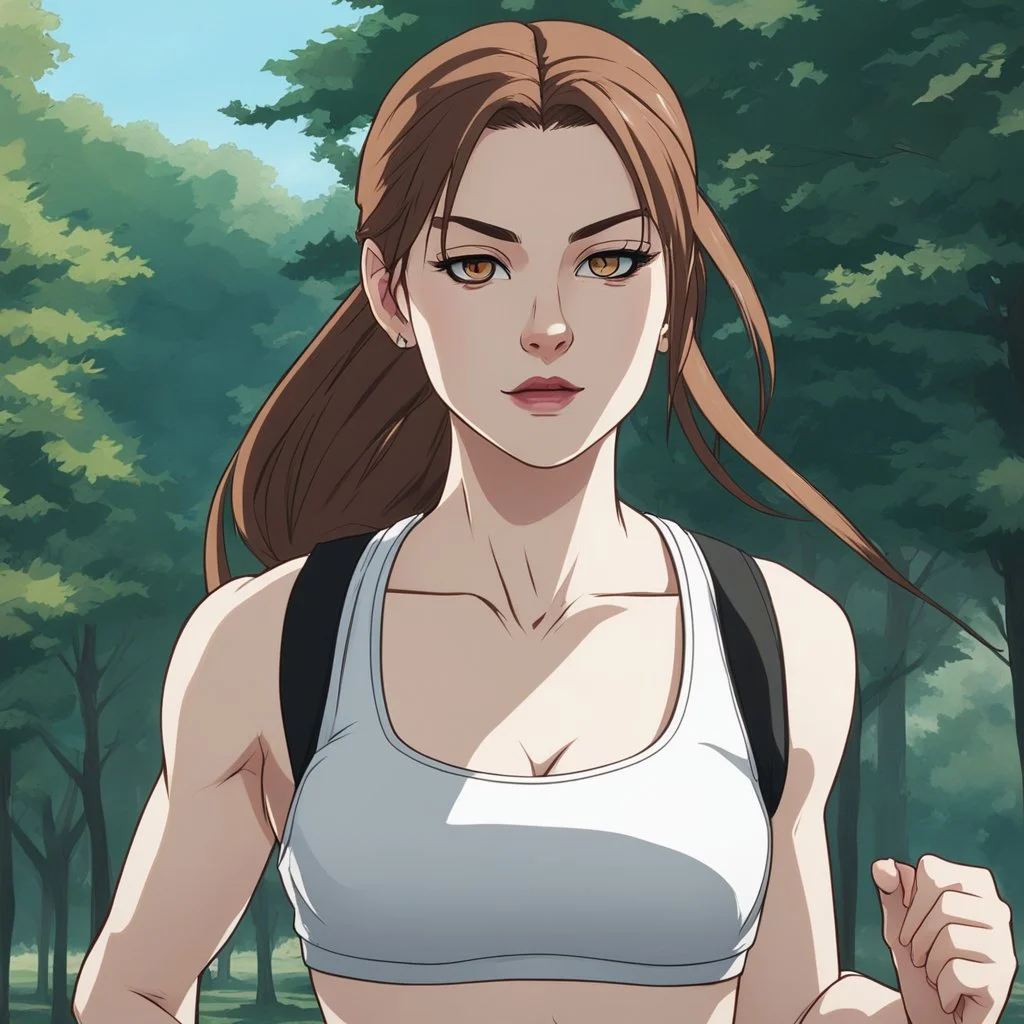 An Arrogant-Looking Young Woman With Pale Skin, Red Eyes, And Long Brown Hair Pulled Up In A Single, Straight Ponytail. Jogging in the park. wearing a black crop top and leggings. Anime Style, High Definition, Greg Rutkowski, 8k Resolution, Intricate Details