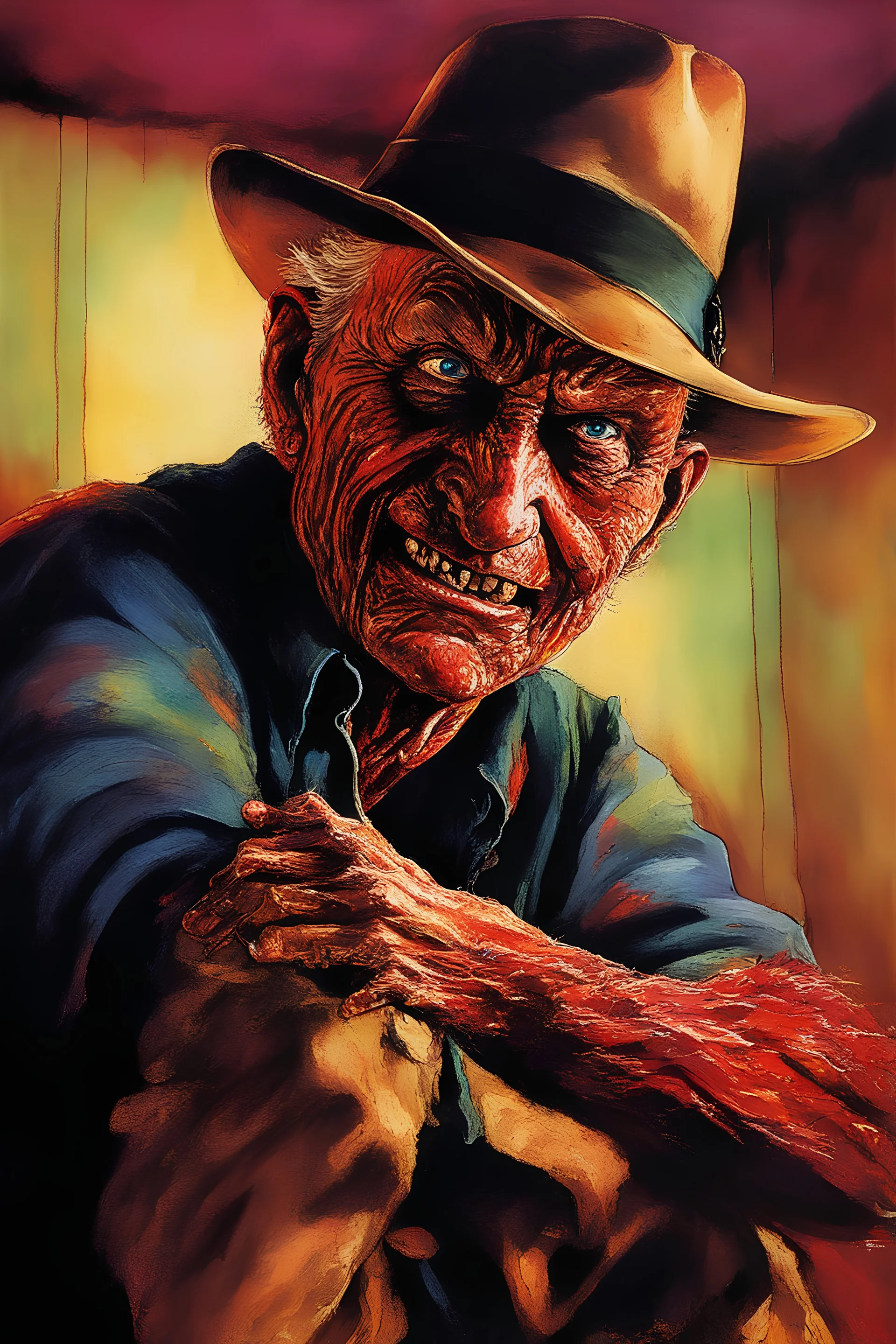 in the dead of night the bright moon shines down on a giant, extremely colorful Freddy Krueger facial portrait, standing outside the home of his next victim, a vibrant, extremely colorful, multicolored, watercolor stained wall in the background, in the art style of Boris Vallejo, Frank Frazetta, Julie bell, Caravaggio, Rembrandt, Michelangelo, Picasso, Gilbert Stuart, Neal Adams, Jim Lee, Sanjulian, Thomas Kinkade, Jim Lee, Alex Ross, Dorian Vallejo, Stan Lee, Norman Rockwell