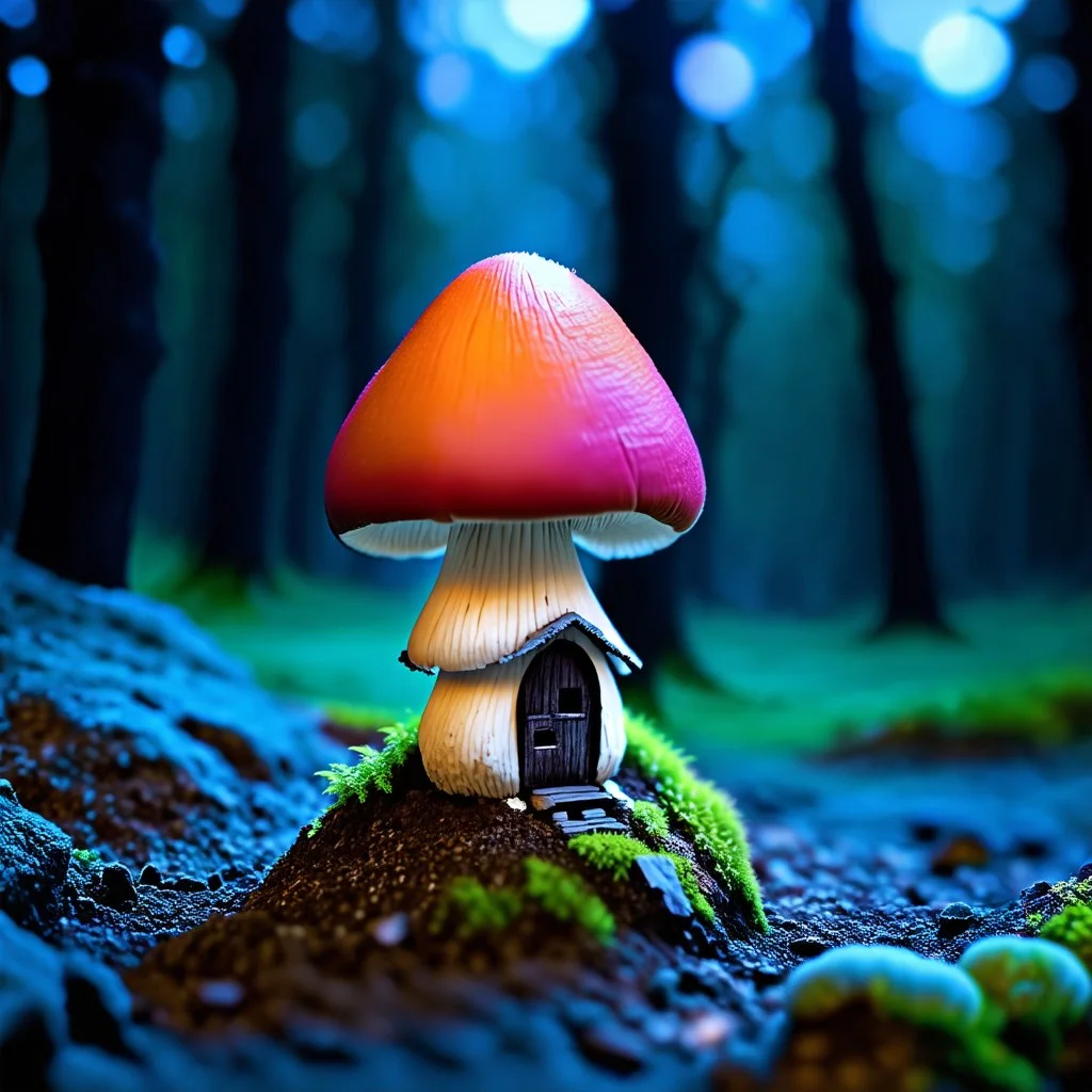 "Close up of a wonderful tiny Mushroom Tower home. Orange and Magenta with bright white, deep black and contrasting tones of gray magenta and violet colors. Illuminated bioluminescent forest. Professional painter, master at composition. small but detailed. broken, blurred background, voluminous lighting"