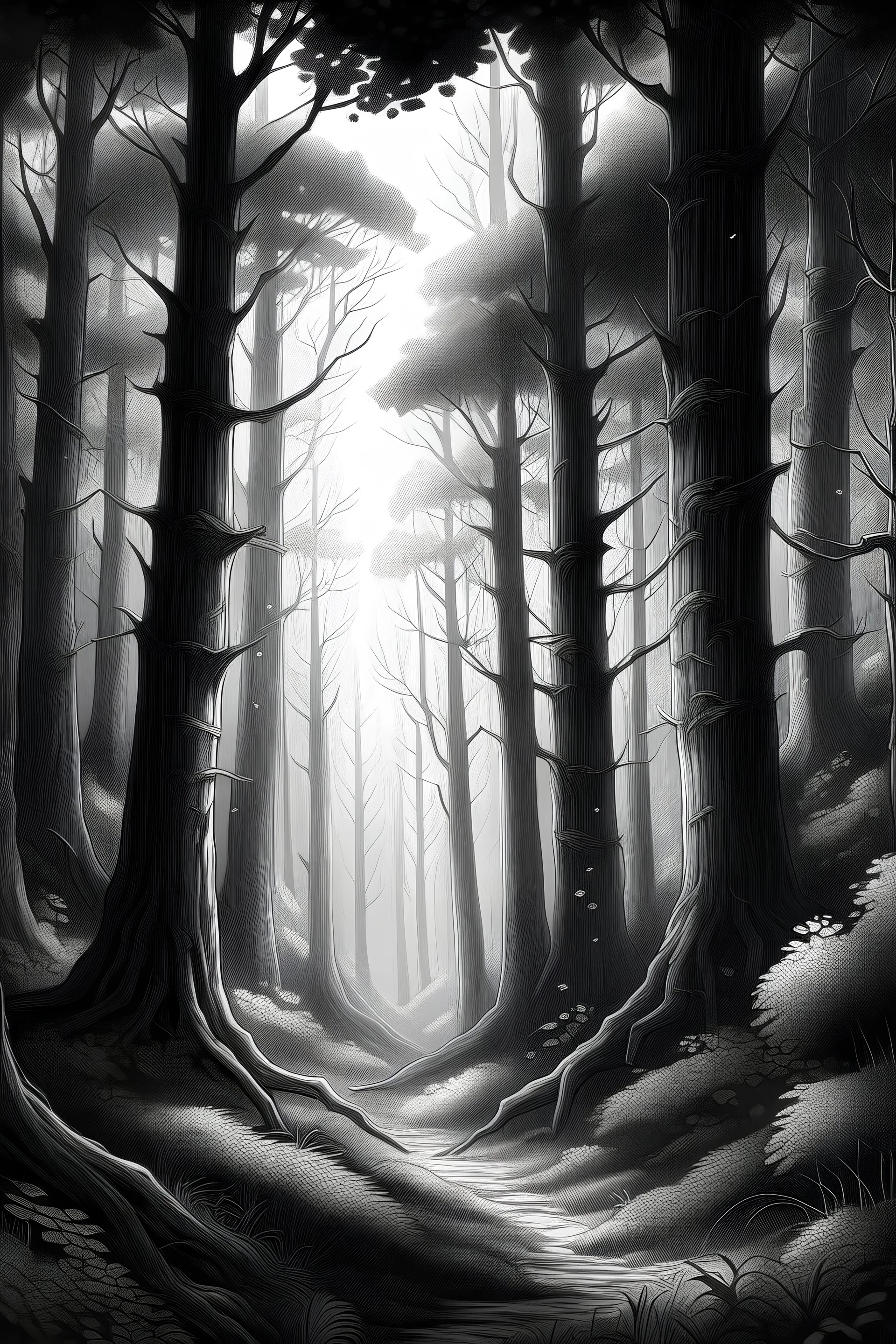 Create a captivating image of a serene forest scene featuring intricately detailed trees entwined with vines. Use grayscale tones to convey depth and contrast, emphasizing the interplay of light and shadow. With no modern elements present, evoke a sense of untouched wilderness, inviting viewers to contemplate the beauty of nature. Focus on conveying tranquility and natural beauty, drawing attention solely to the intricate details of the landscape