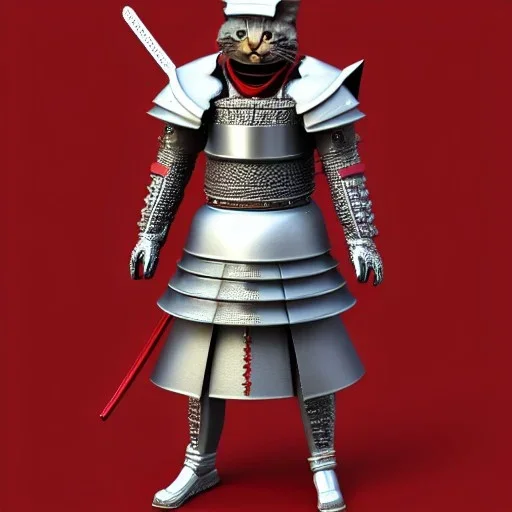 Modélisme trois dimensions, chat, anthropomorphique, habillé comme un samurai, armure très détaillé, armure rouge, armure argent