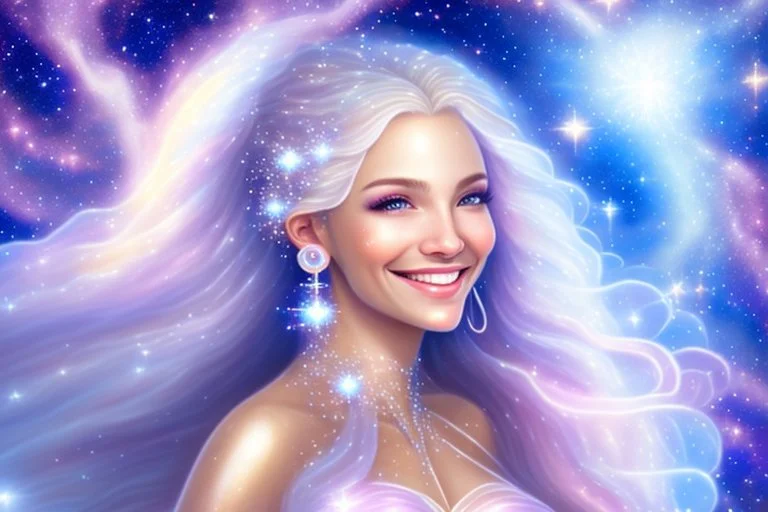 very beautiful cosmic women with white long hair, smiling, with cosmic silver dress and brightly earings. in the background there is a bautiful sky with stars and light beam