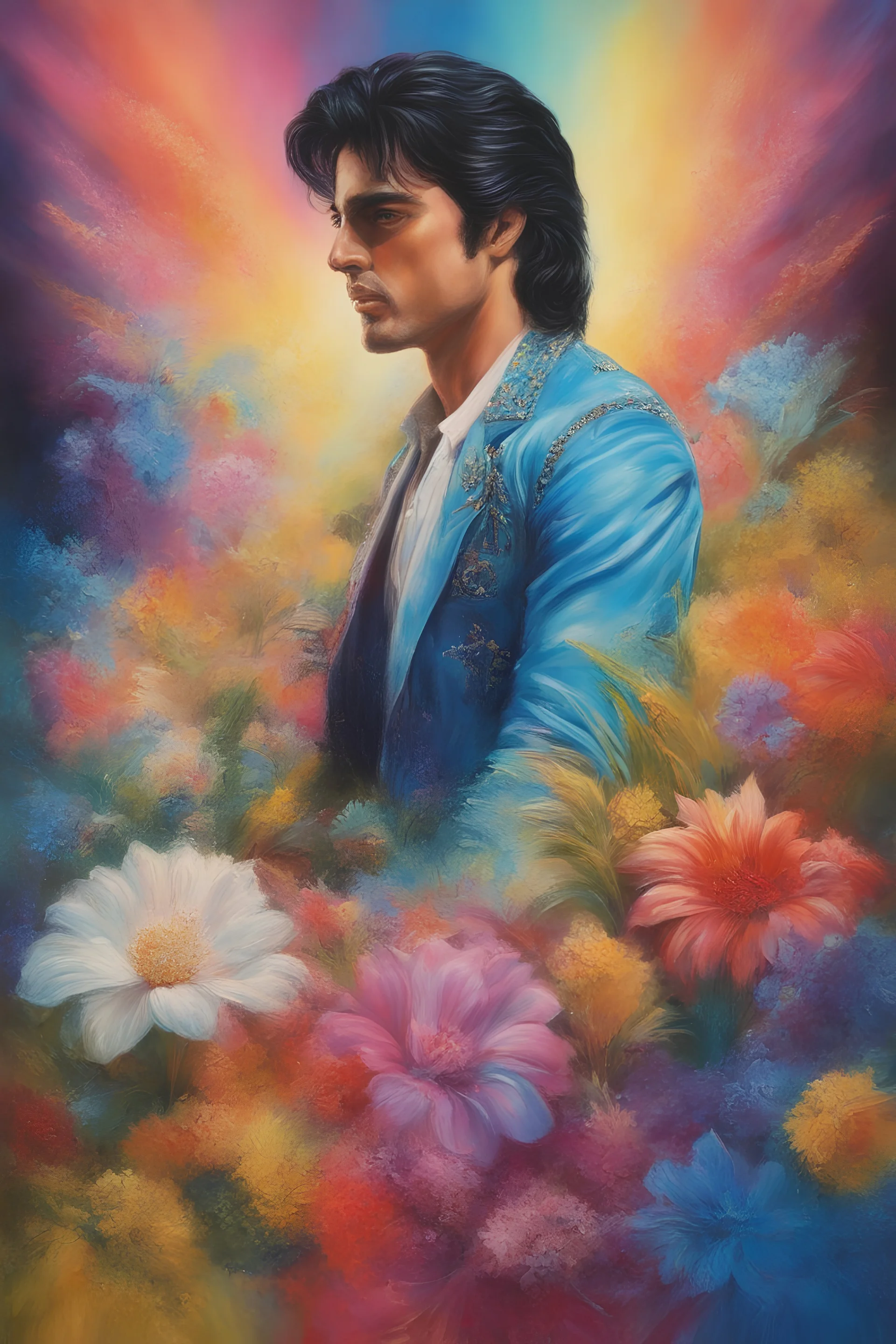 Paul Stanley/Elvis Presley/Keanu Reeves/Jon Bernthal, multicolored, large, Floral/rainbow designs, atmospheric, beautiful, oil painting by Boris Vallejo, 4k UHD, Photorealistic, professional quality