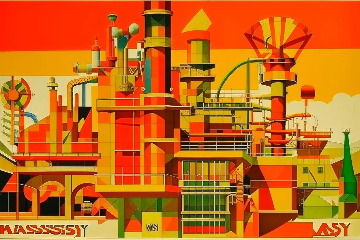 An orange colored mechanical factory with arrows painted by Wassily Kandinsky