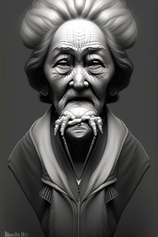 A brutishly ugly old woman in greyscale