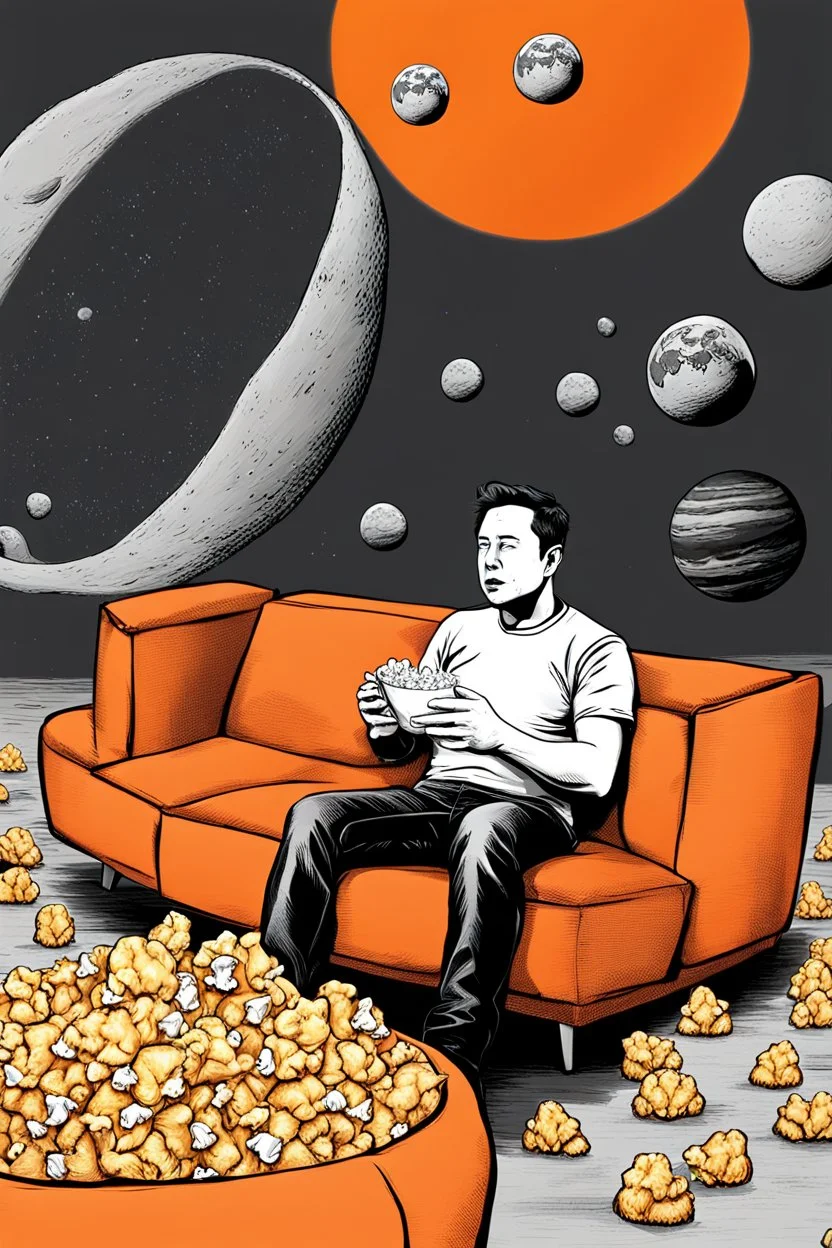 simple scene, Elon musk sitting on the moon on an orange couch eating popcorn, looking unamused at planet earth,. selective colours