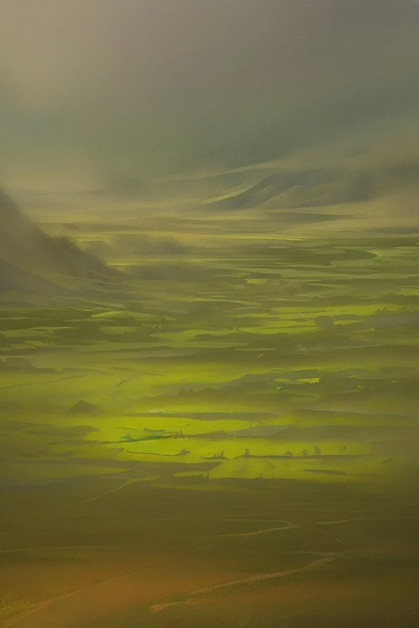 Oil painting, a vast green village where rain falls and turns anything it touches into gold