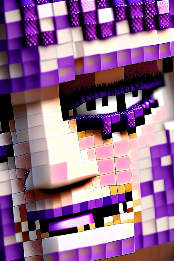 a close-up portrait of a purple Minecraft face, lipstick and eyelashes, 3d, large pixel style