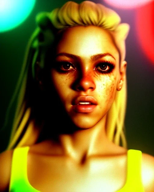 portrait, Shakira, blonde artist, angry, Realistic image, boxing robe, hoodie, mouthguard, nose band aid, loose long hair, eyes make up, perfect, glow, circle iris. Rain, fog, Neon colors, leds, geometric shapes. Dark background, photo studio, neon lights. concept art, smooth, unreal engine 5, god lights, ray tracing, RTX, lumen lighting, ultra detail, volumetric lighting, 3d, finely drawn, high definition, 4k.