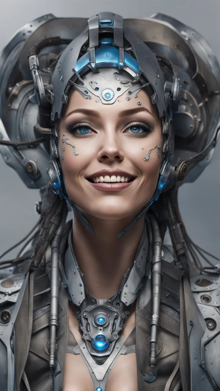 Cyborg female evolving | concrete floor | detailed | fine art | highly detailed | smooth | sharp focus | ultra realistic | full body portrait view, Mysterious,blue metal, smile