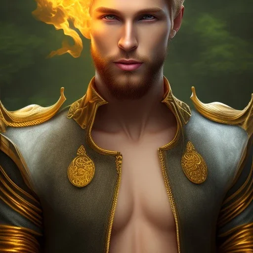 Male, Human, Blond, Sorcerer, Fire Mage, Golden Eyes, Young, Photorealism, Full Body Shot, Forest Background