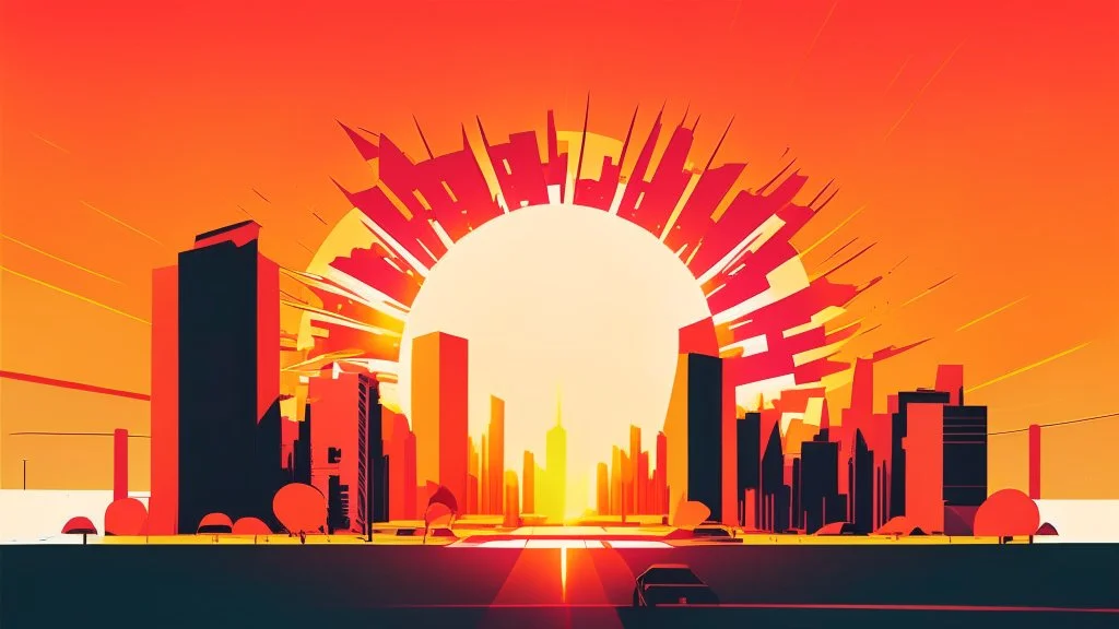 minimal design,shapes, synthwave, synthwave sun, synthwave city, simple,iconic:1.8), Explosion of color in city, comic style