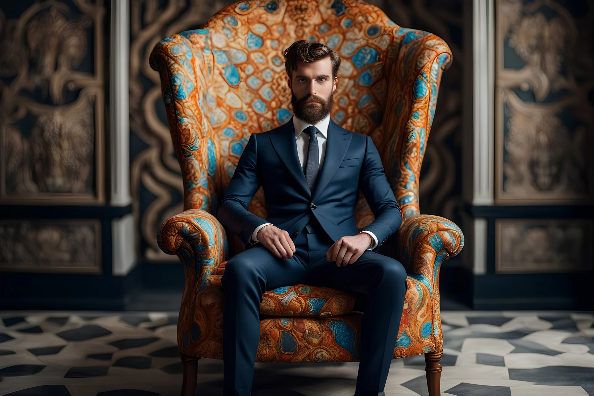 A full body handsome bearded guy with Napoleonic dark tight-fitting elegante design suit in a Gaudi chair in portrait studio, detail face