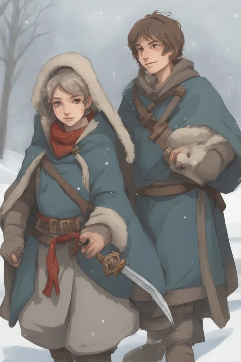 DnD style, two medieval peasant kids playing in the snow male and female, age 14 and 15, happy and playful, he has a short sword.