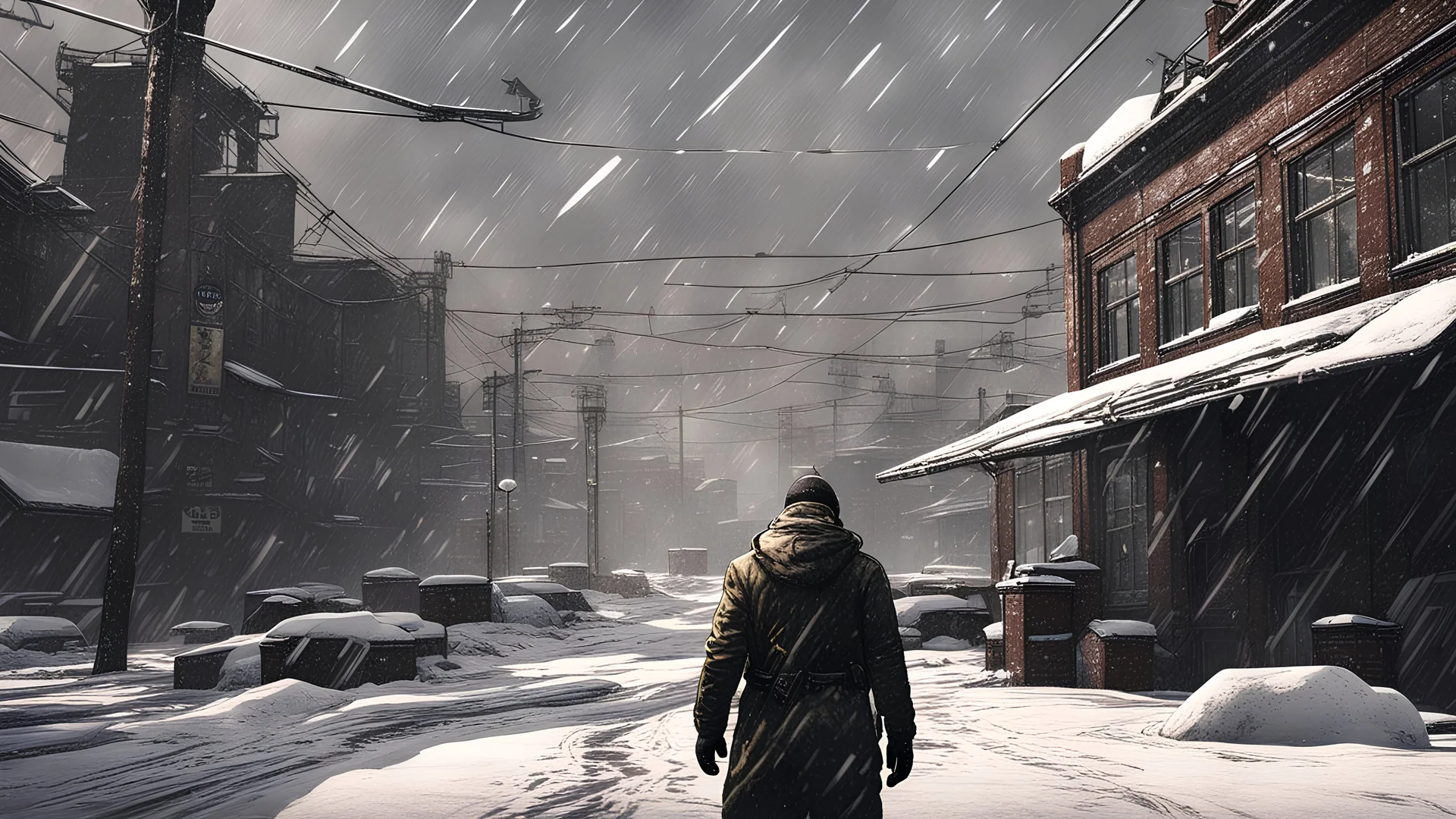 Escape from Tarkov a solo man in a city with snow falling