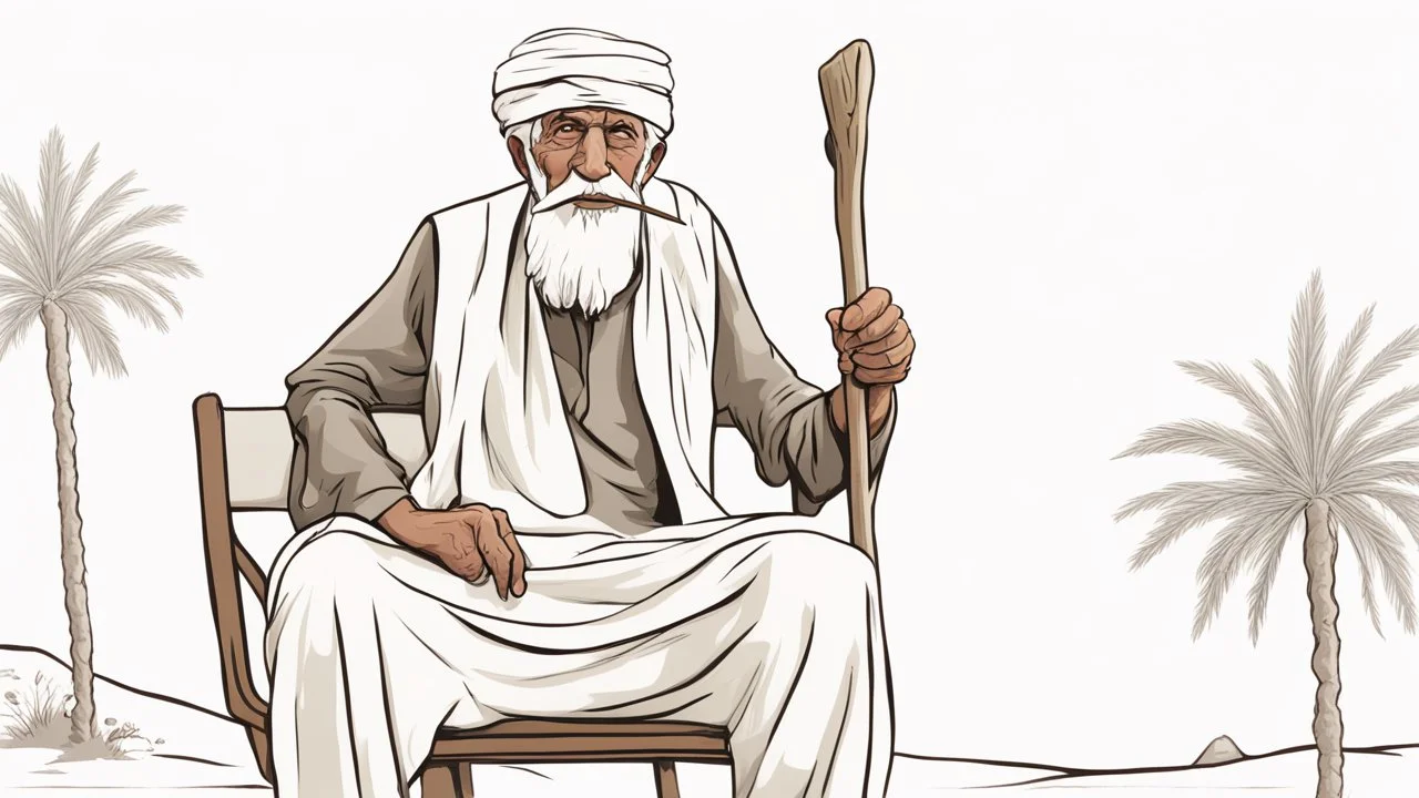 Old man, Arab, turban, white clothes, cattle, desert, council, sun, palm trees, mud houses, holding a stick, looking forward, a very slight smile.cartoon,Sitting on a chair,long beard,Mouth slightly open