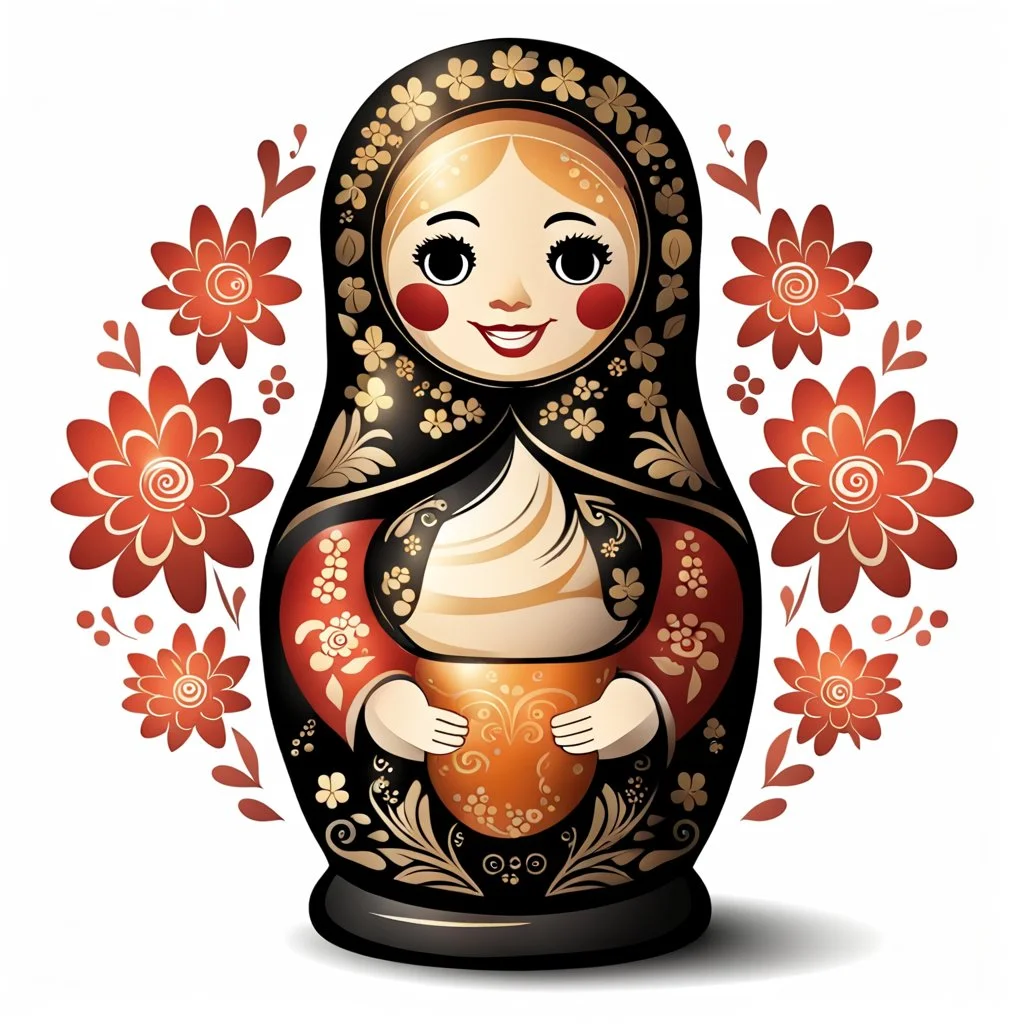 draw matryoshka dolls, the matryoshka is smiling, the kind sweet face of the matryoshka doll, behind the matryoshka Russian patterns in the style of Khokhloma, Khokhloma with gold and black flowers