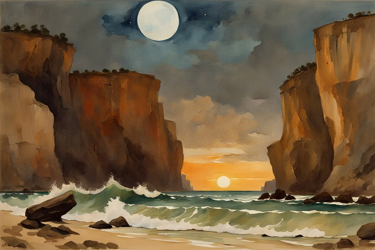 Night, rocks, cliffs, sci-fi, distant mountains, sea, waves, sand, seashore, epic, fantasy, winslow homer watercolor paintings