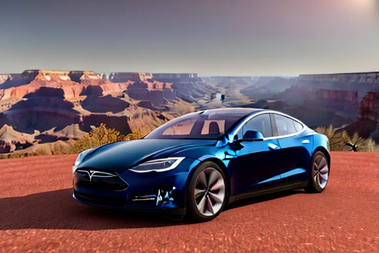 A Tesla 'Model S' is going at a high speed, in the 'Grand Canyon National Park'. (CINEMATIC, WIDE ANGLE LENS, PHOTO REAL)