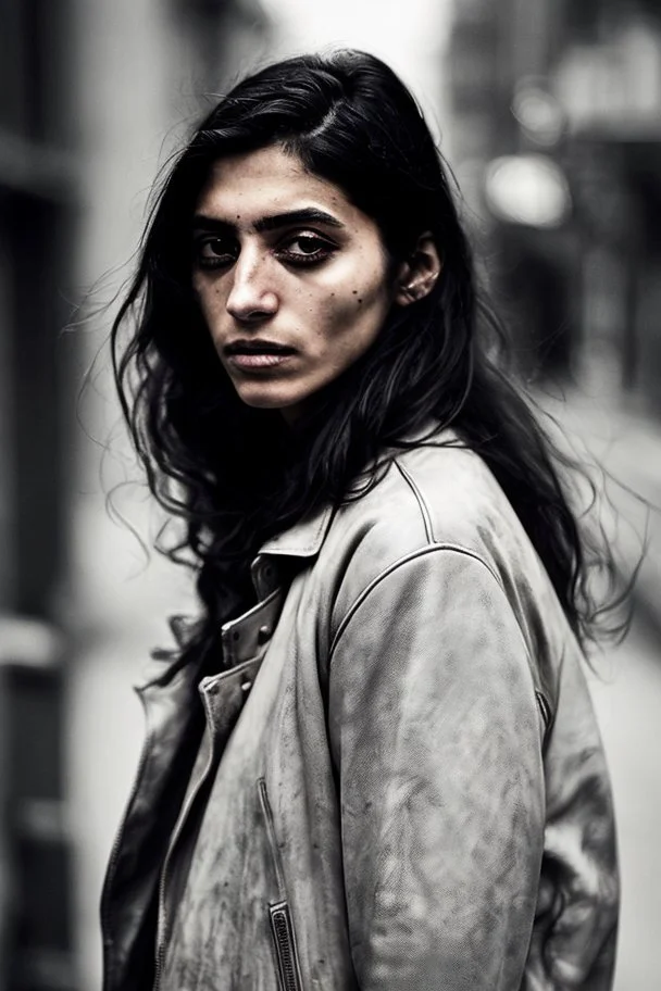 Masterpiece1:3), a captivating character portrait in the raw, visceral style irving penn, Of a modern arabic model with long hair, a feminine visionary standing amidst an urban dawn with resolute eyes wearing a / weathered leather jacket /. Emphasize street photography that captures the candid humanity and resilience of city life, bathed in the early morning's diffused light with Artistic Vision, (Sheer Artistry:1,5). Shot with a Leica M10, Ilford HP5 Plus, finest quality, 8k