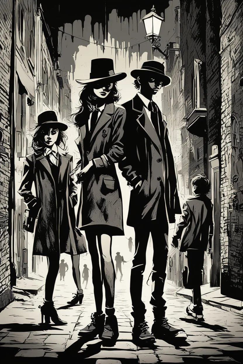 Design a detective book cover for teenagers. A teenage girl in the centre, one boy on her left, and one on her right are on the town street. Black cat at girl's legs. Banksy style, pop art style, dark mood