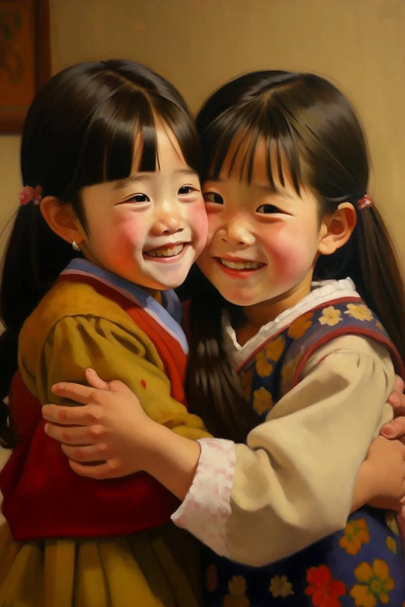 japanese childeren girls hugging each other and smiling painting neoclassism