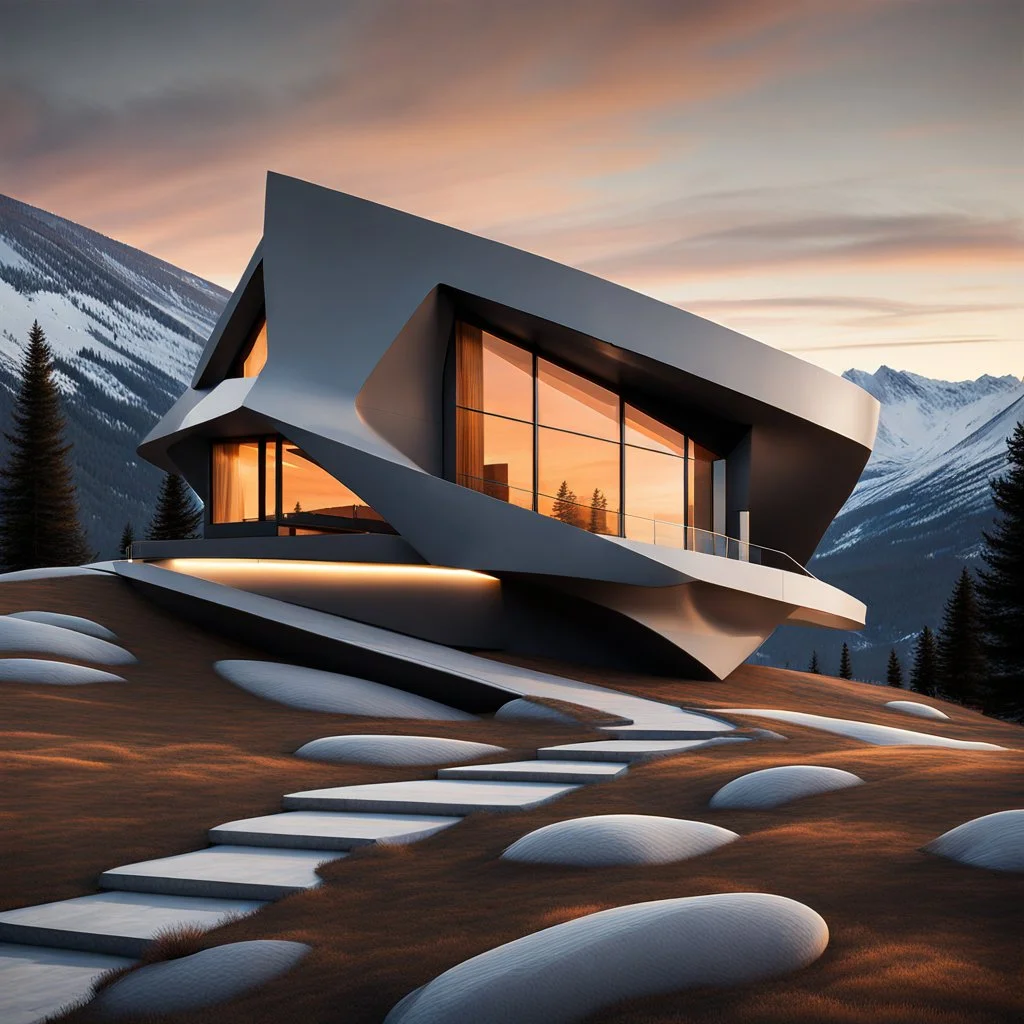 Cabaña moderna minimalista en las montañas estilo Zaha Hadid calidad ultra pintura al óleo 8k