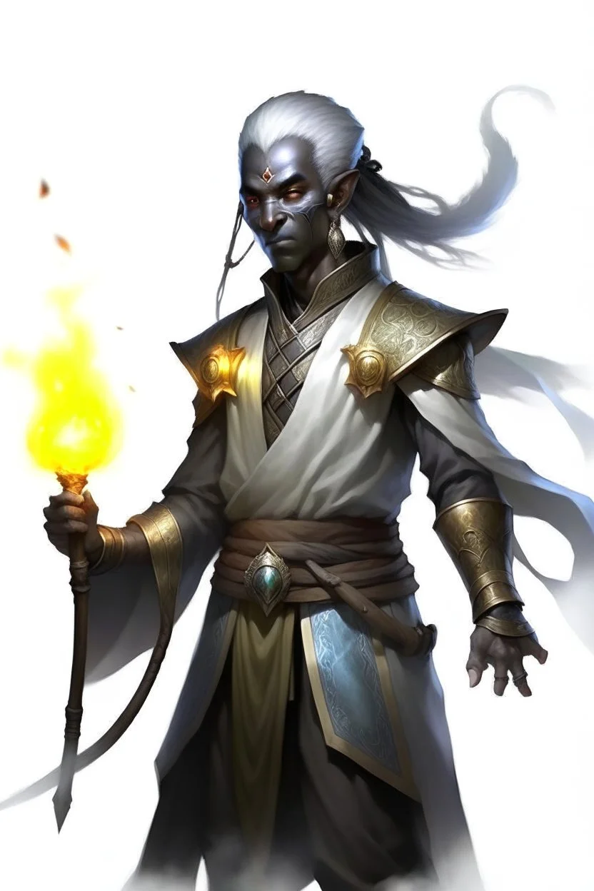 Male Air genasi fra d&d with black skin smoke some hair an Asian skin holding a smuldering spire