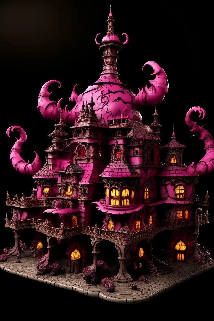 A blackish magenta demon chateau with chaotic fire designed in African pottery painted by Hashimoto Gaho