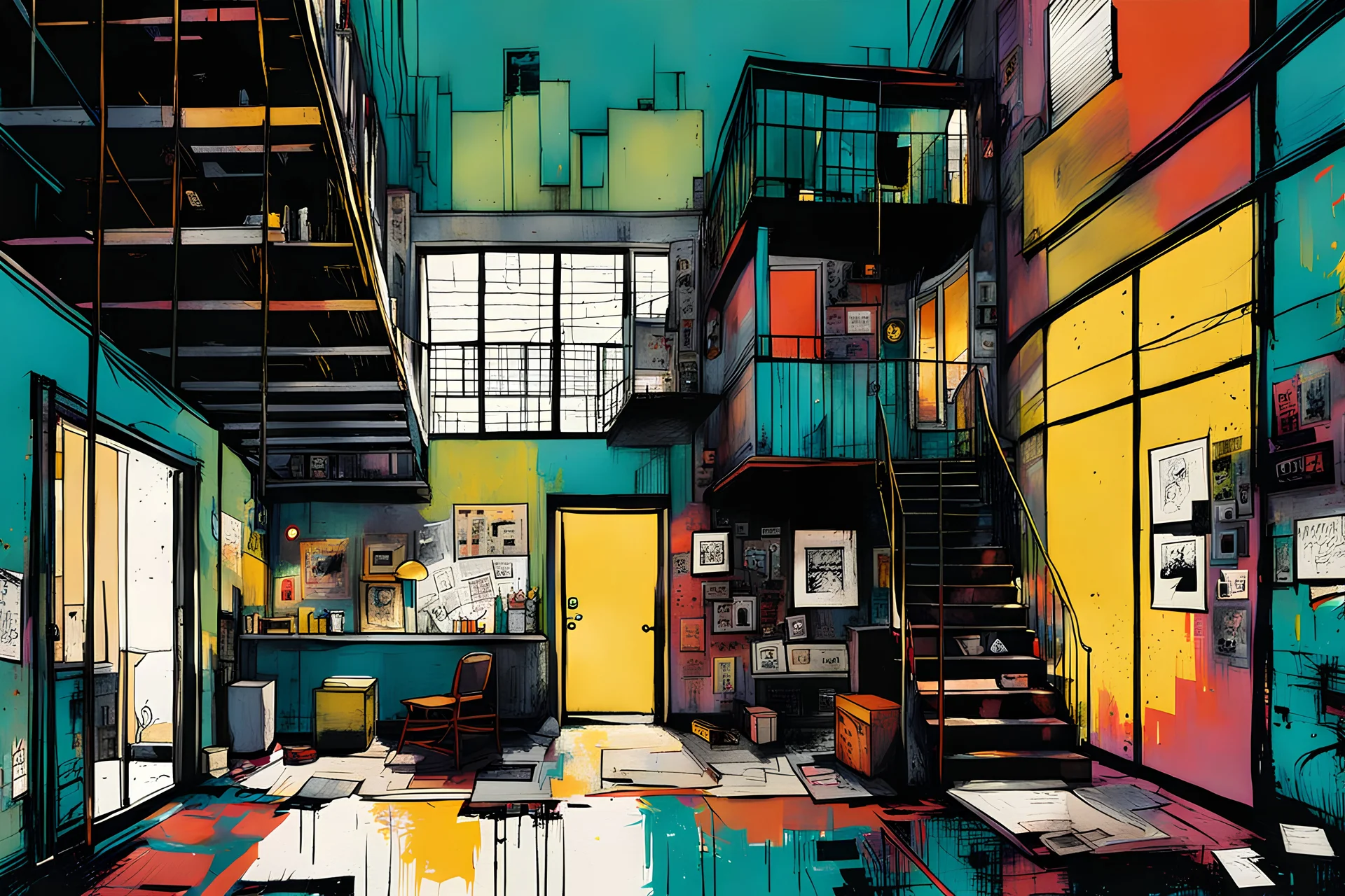 create a wildly abstract illustration of a highly detailed warehouse loft apartment in style of Jean Michel Basquiat , and the comic book art style of Bill Sienkiewicz, finely textured, drawn, colored, and inked