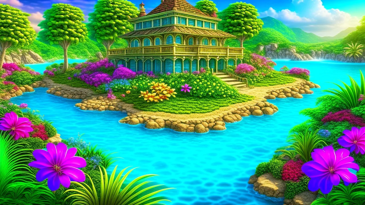 private tropical island, big beautiful house, Virginia mountains, flowers, beach, gems, trending on artstation, sharp focus, studio photo, intricate details, highly detailed, gemstones decorating a lagoon