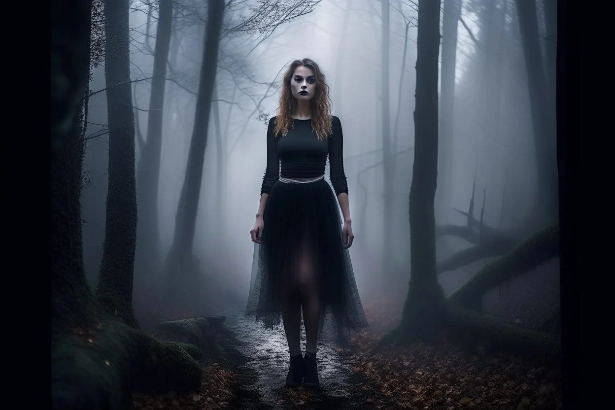 full-height shot of a young witch in a tight black skirt, in a wood, with mist