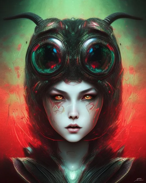 Comic book art style black lamb with red eyes, contrasting green meadow, cartoonist, digital portrait, dark fantasy, black iridescent skin, holographic, shiny, PVC texture, wet look, anime, gothic