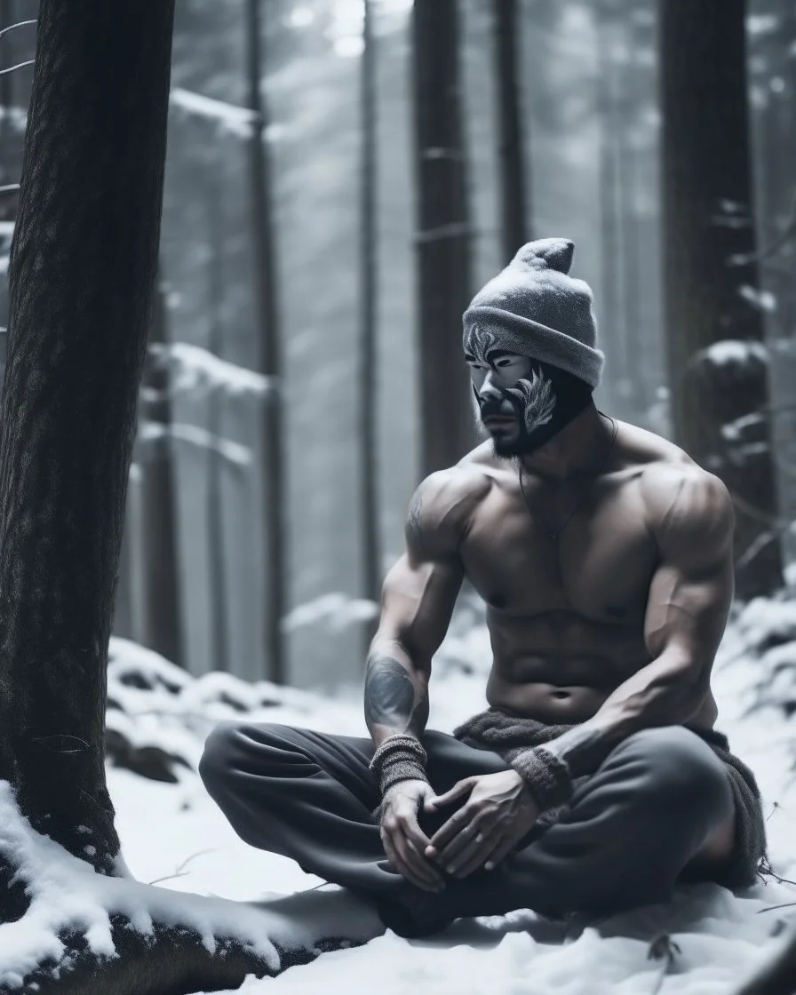 man sitting on a tree in a relaxed laid back style, middle of a snowy forest, muscular athletic physique, wearing a japanese Hannya demon mask over face, cinematic greyish filter