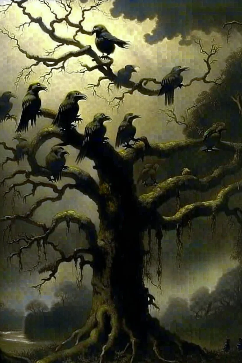 A group of crows with human faces standing on a scary tree without leaves . its skin is covered in moss and lichen, allowing it to blend seamlessly into its surroundings. Forest Spirits feed on the energy of trees and can create thick fog to confuse their victims.