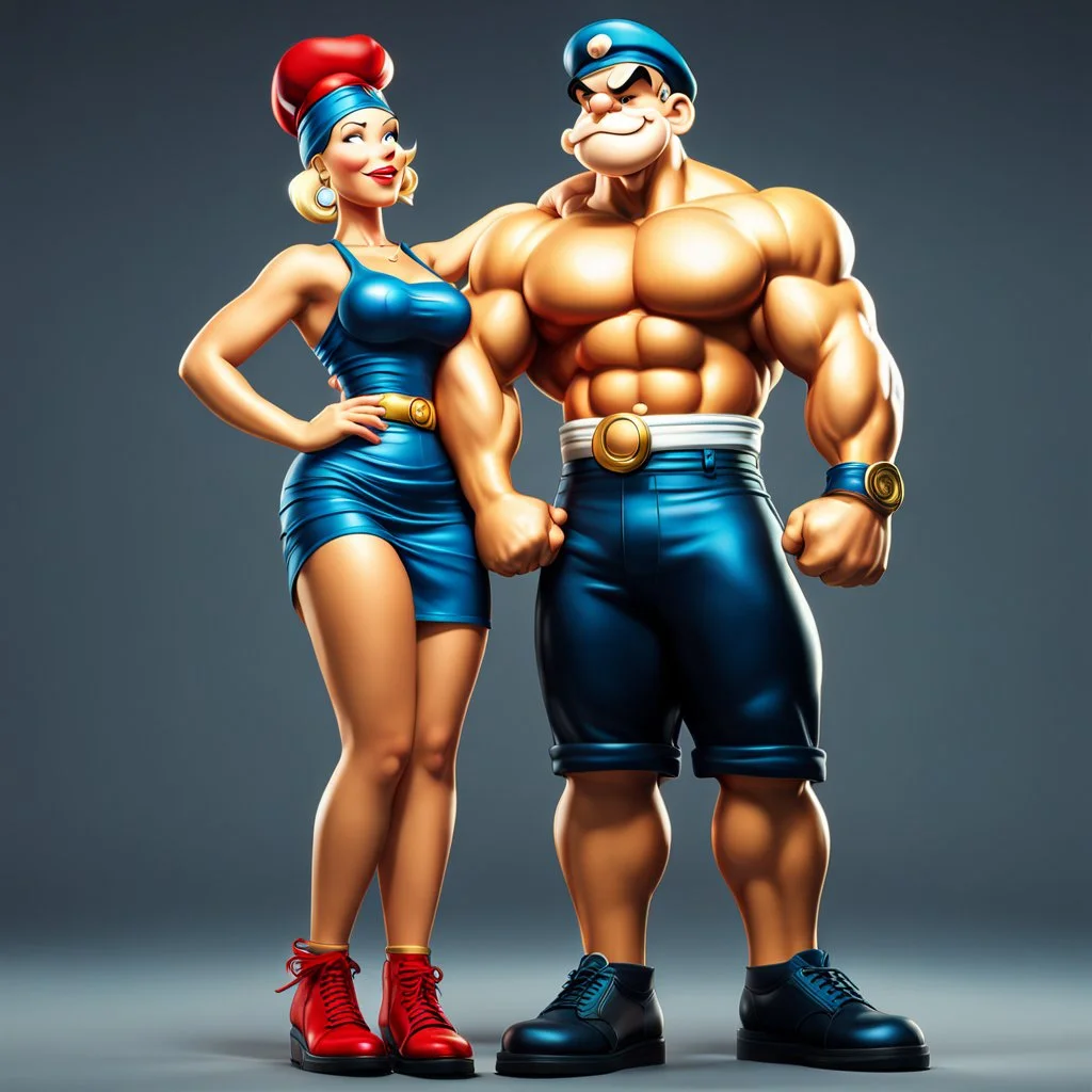 Popeye y su novia Oliva, arte estilo pop, calidad ultra, hiperdetallado, 64k, full body