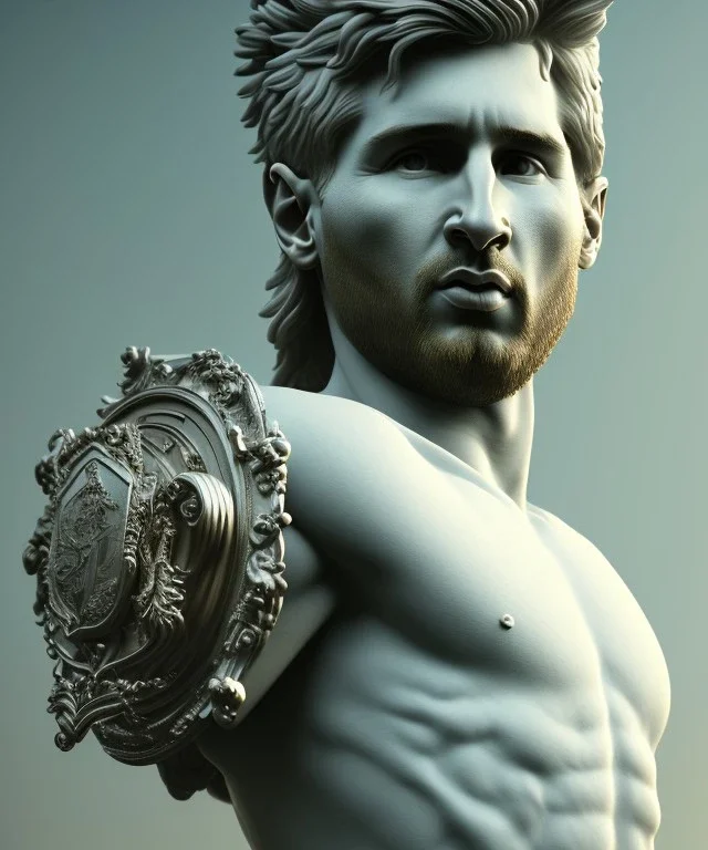 Realistic image, classic sculpture, marble material, Lionel Messi with Laurel wreath model, miguel angel style, God light, god rays, 4k resolution, perfect details, ornate details, soft lighting, unreal engine 5, soft cyan background.