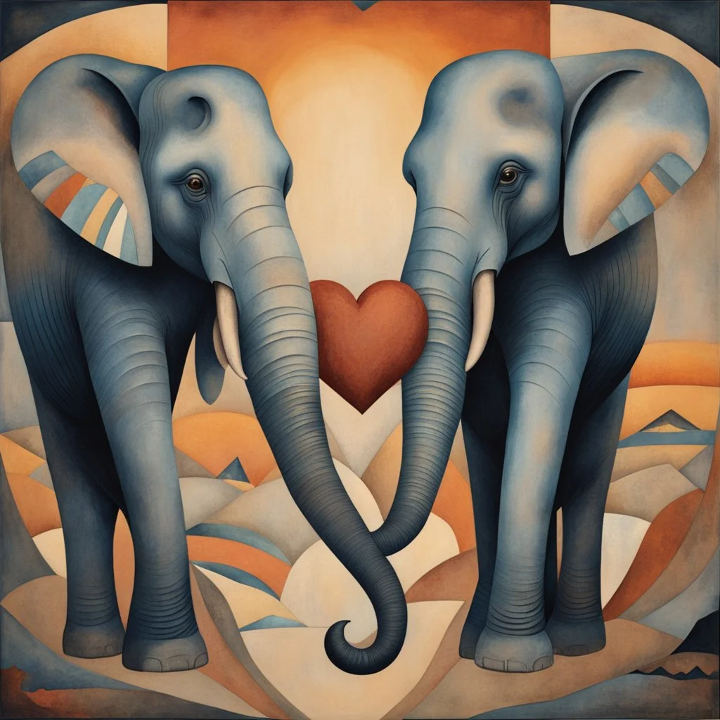 Art Deco Painting on Silk with Iridescent Texture: A captivating painting by Hannah Hoch, two elephants facing each other making a heart shape with their trunks, concept art, dramatic sunset, complex contrast, dynamic composition; masterpiece.