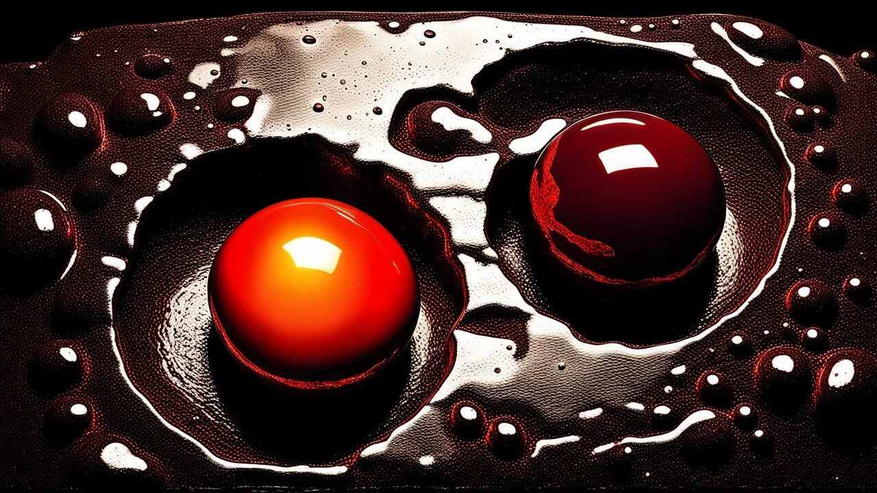 In a surreal and eerie dreamscape, a red fried egg on black marble slab. The dark deep colors of the surrounding environment cast dramatic shadows, while grease droplets from the egg distort and shimmer like tiny crystal pools. The dreamlike atmosphere is charged with a subtle thriller vibe, as the egg seems to pulse with a mysterious life force. The intricate veins of the marble are highlighted by a single beam of moonlight