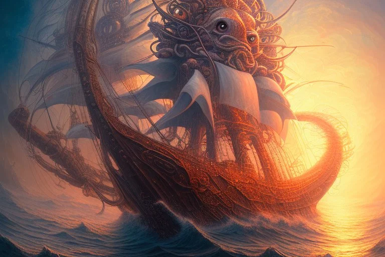 Insanely detailed illustration of an epic cute adorable Cthulhu in the ocean, hugging a small ship, by Agnes Cecile and Josephine Wall and Jasmine Becket-Griffith, golden hour, softly glowing, maximalist, 8k resolution concept art, shiny, taken on nikon D750, cinematic